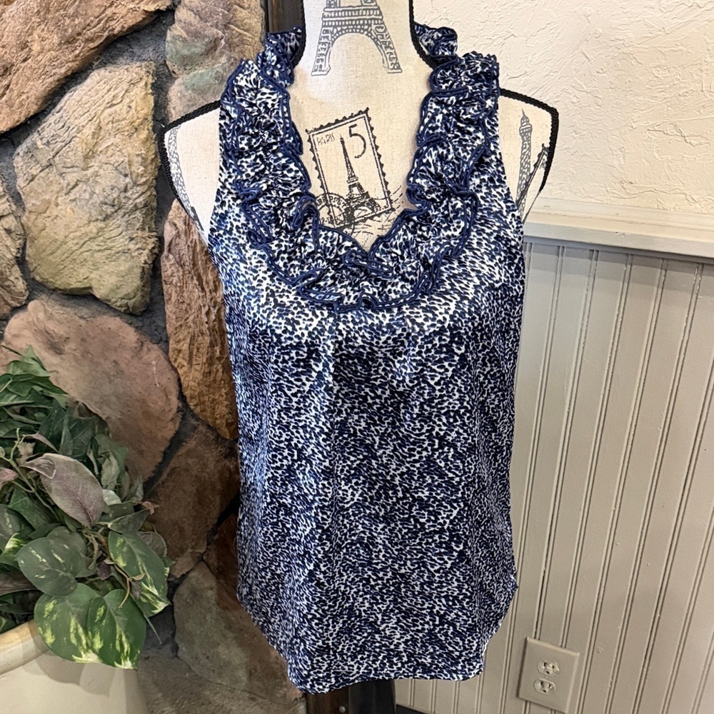 Women's Blue Patterned Ruffle Top